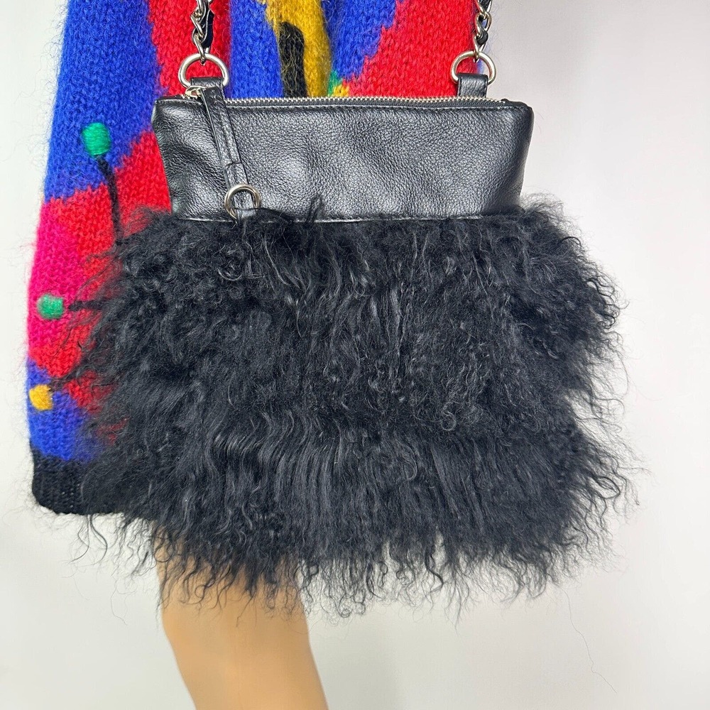 Aqua Madonna Women's Purse Mongolian Lamb Fur Leather Trim Shoulder Strap Bag